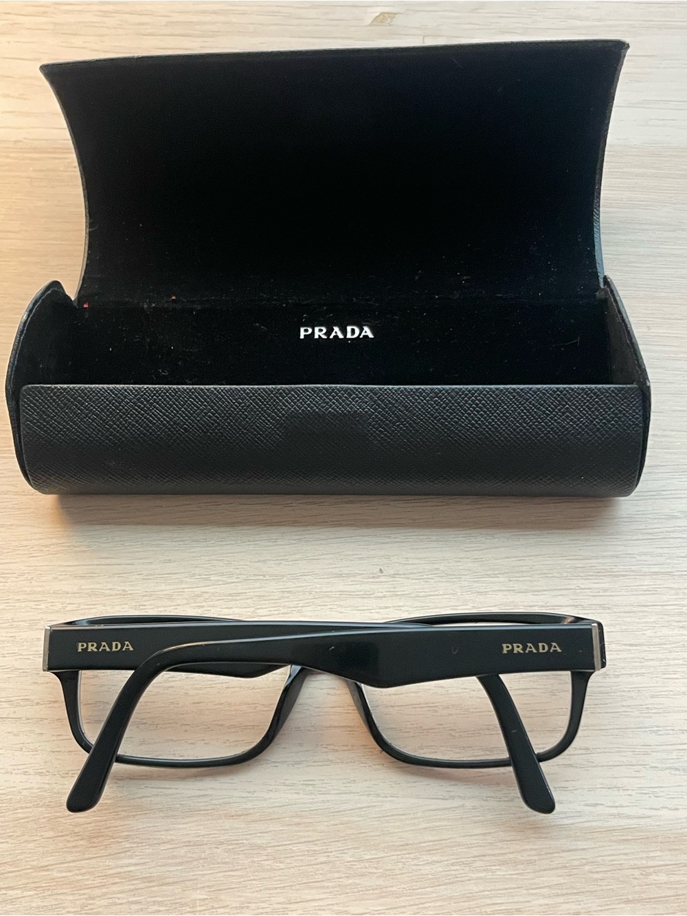 Prada WOMEN  Black Rectangular Eyeglasses with Gold Logo
